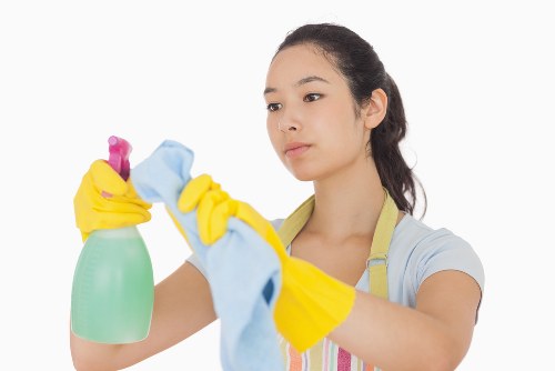 Cleaner assessing carpet cleaning risks in a room